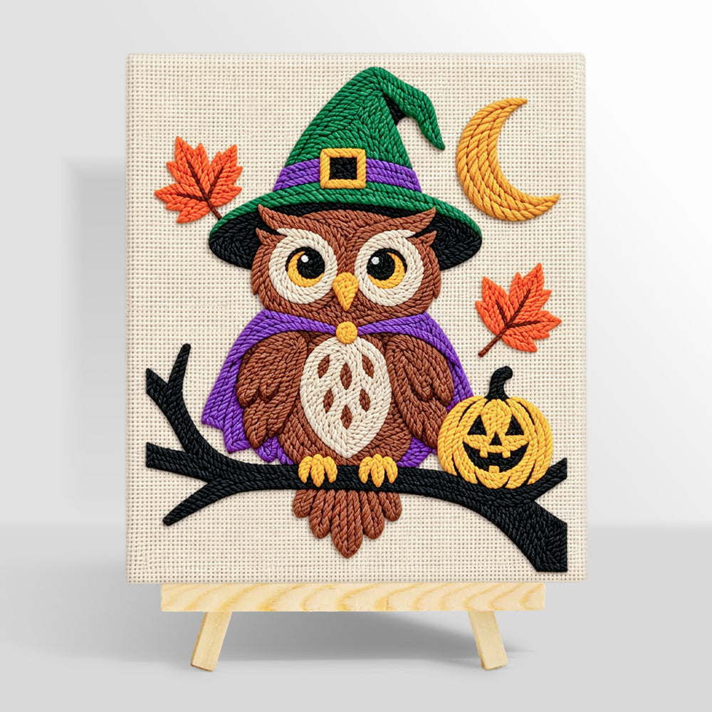 Witch owl on branch punch needle kit for beginners