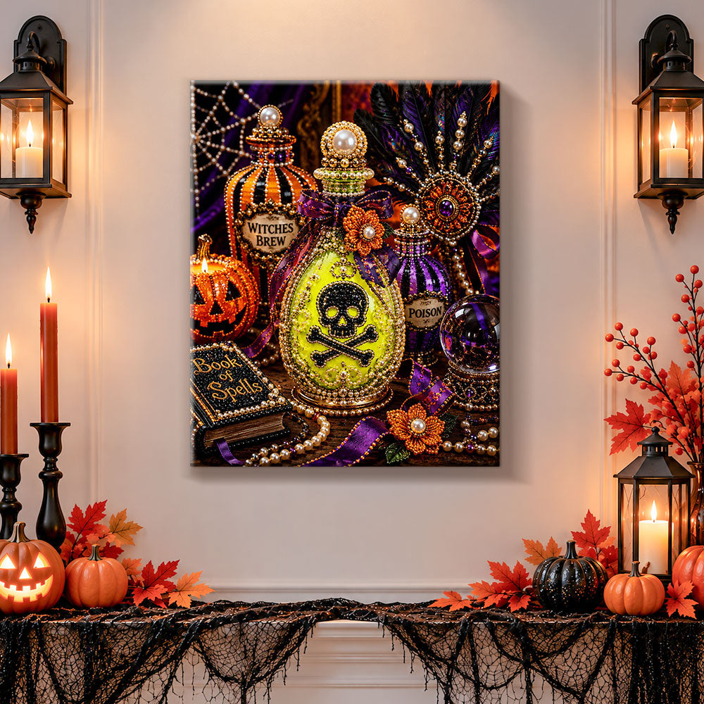 Finished witch potion bottles pearl diamond painting artwork displayed as holiday home decor