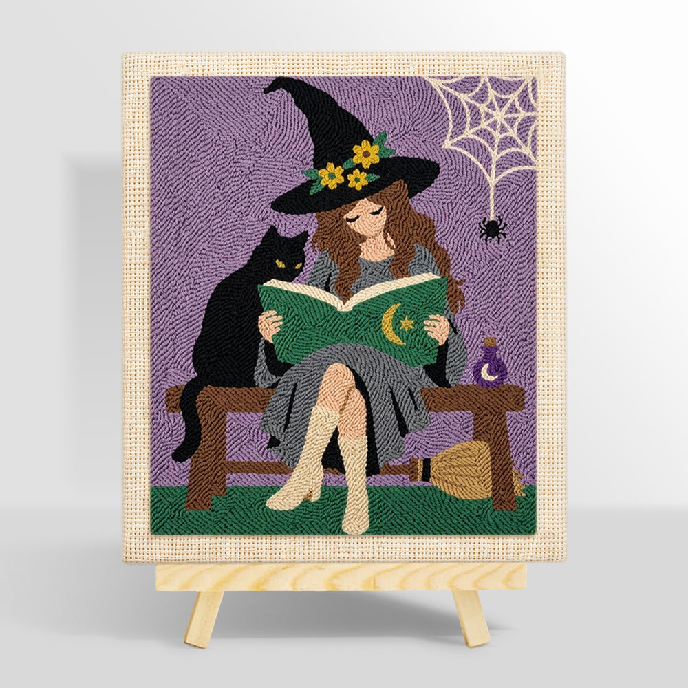 Witch reading beside black cat punch needle kit for beginners