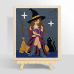 Witch reading magic book with cat punch needle kit for beginners