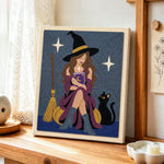 Witch reading magic book with cat punch needle artwork displayed on a table