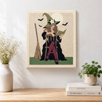Finished witch seated with spell book artwork displayed on a wall