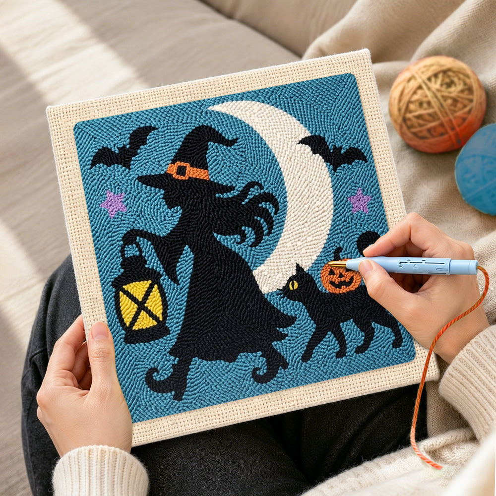 Creating handmade witch silhouette under moon punch needle artwork