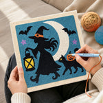 Creating handmade witch silhouette under moon punch needle artwork