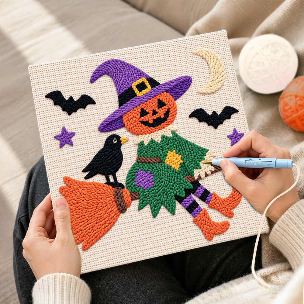 Creating handmade witch soaring with pumpkin punch needle artwork