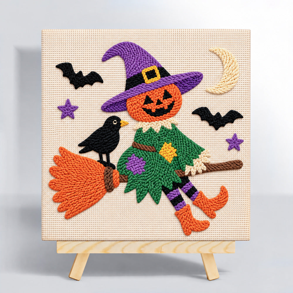 Witch soaring with pumpkin punch needle kit for beginners