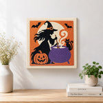 Finished witch stirring magic cauldron artwork displayed on a wall