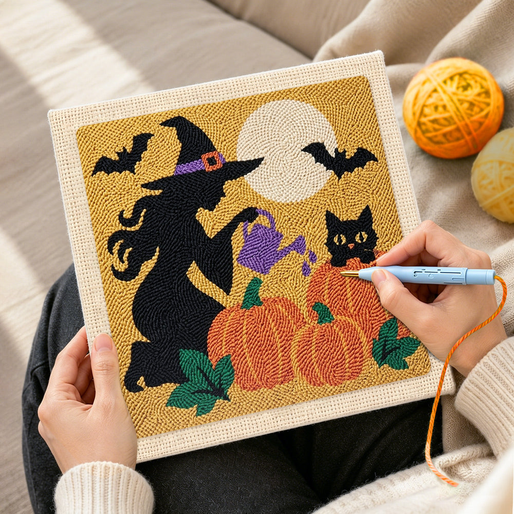 Creating handmade witch watering pumpkins punch needle artwork
