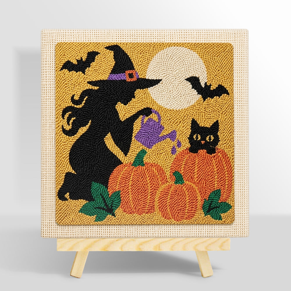 Witch watering pumpkins punch needle kit for beginners