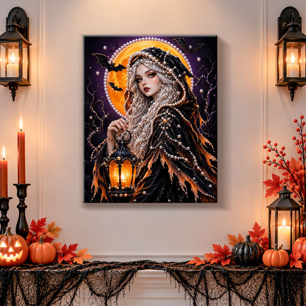 Finished witch with glowing lantern pearl diamond painting artwork displayed as holiday home decor