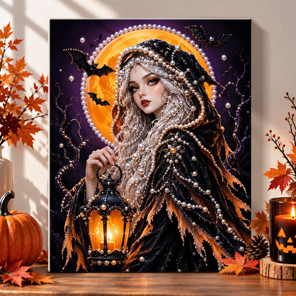 Witch with glowing lantern pearl diamond painting kit for beginners