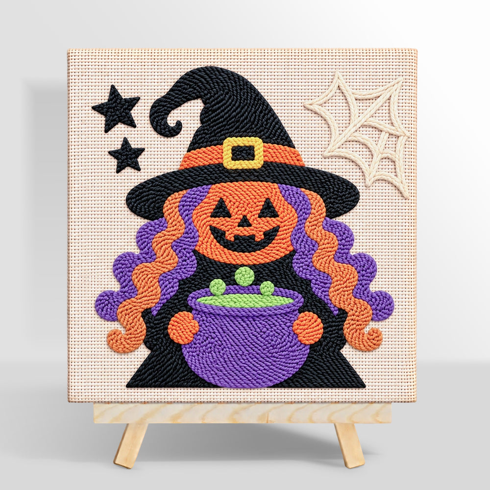 Witch with magic cauldron punch needle kit for beginners