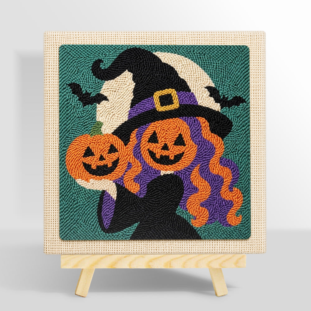 Witch with pumpkin heads punch needle kit for beginners