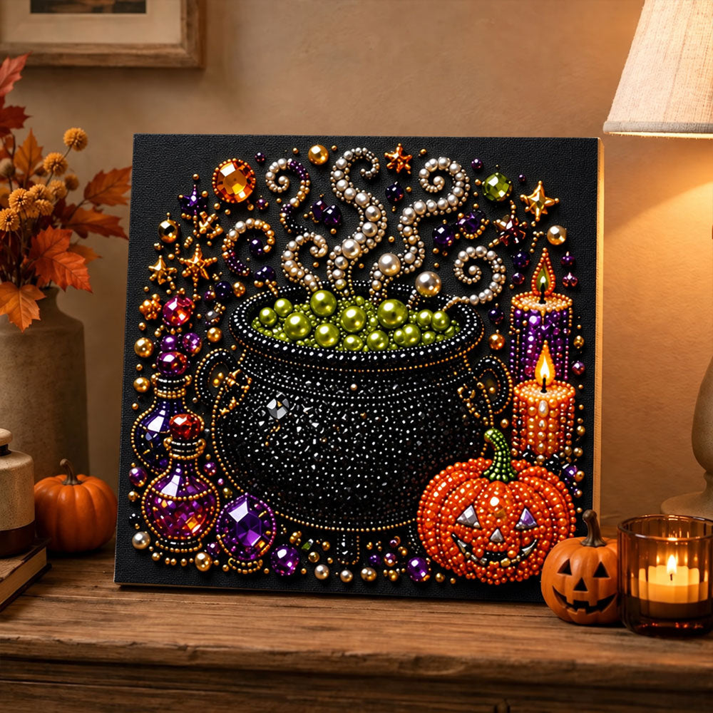 Finished witches magic cauldron pearl diamond painting artwork displayed as holiday home decor