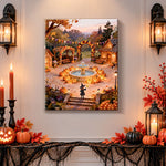 Finished witch’s autumn courtyard pearl diamond painting artwork displayed as holiday home decor