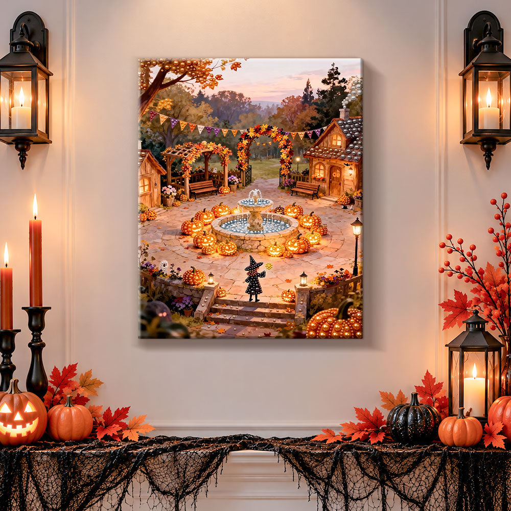 Finished witch’s autumn courtyard pearl diamond painting artwork displayed as holiday home decor