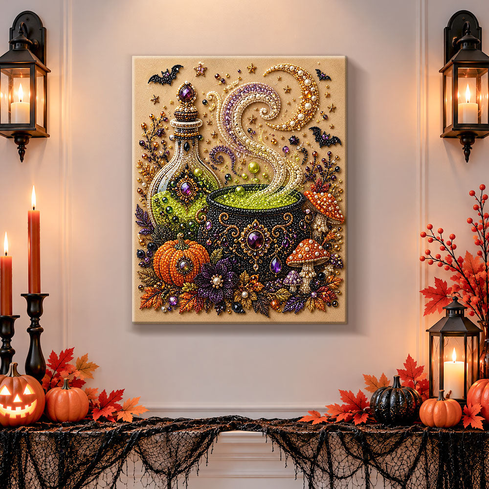 Finished witch’s magic cauldron pearl diamond painting artwork displayed as holiday home decor