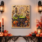 Finished witch’s magic cauldron pearl diamond painting artwork displayed as holiday home decor