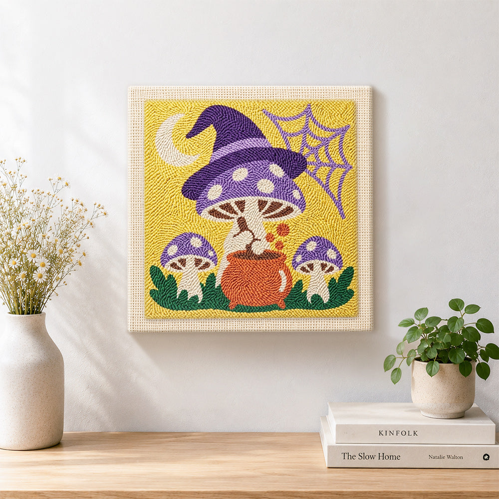 Finished witchy mushrooms artwork displayed on a wall