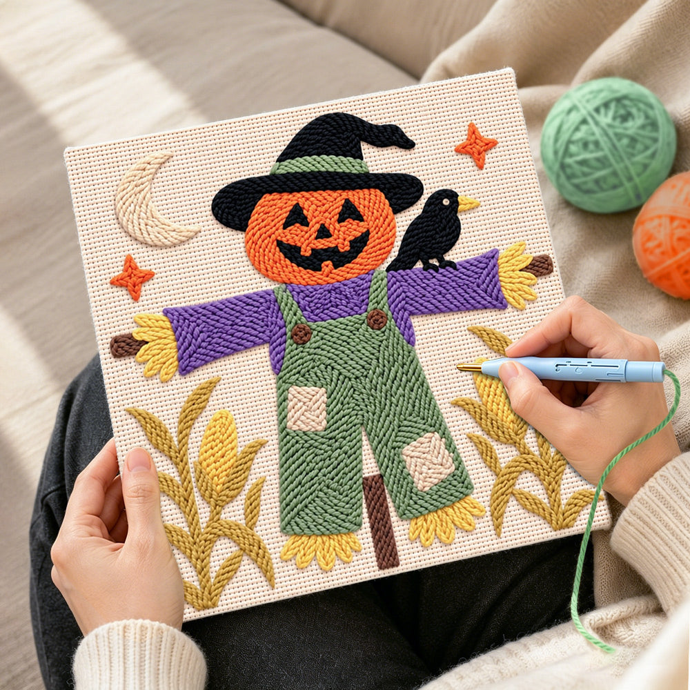 Creating handmade witchy pumpkin scarecrow punch needle artwork