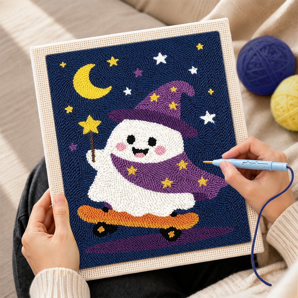 Creating handmade wizard ghost on skateboard punch needle artwork