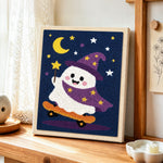 Wizard ghost on skateboard punch needle artwork displayed on a table