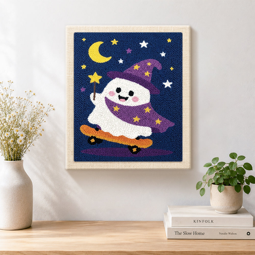 Finished wizard ghost on skateboard artwork displayed on a wall