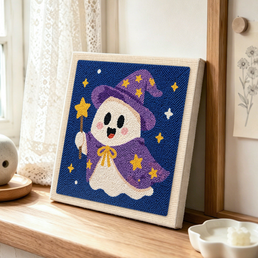 Wizard ghost punch needle artwork displayed on a table