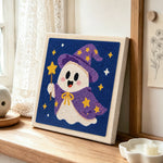 Wizard ghost punch needle artwork displayed on a table
