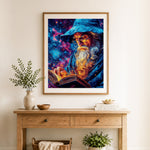 Finished wizard reading spellbook cross stitch artwork displayed as home decor