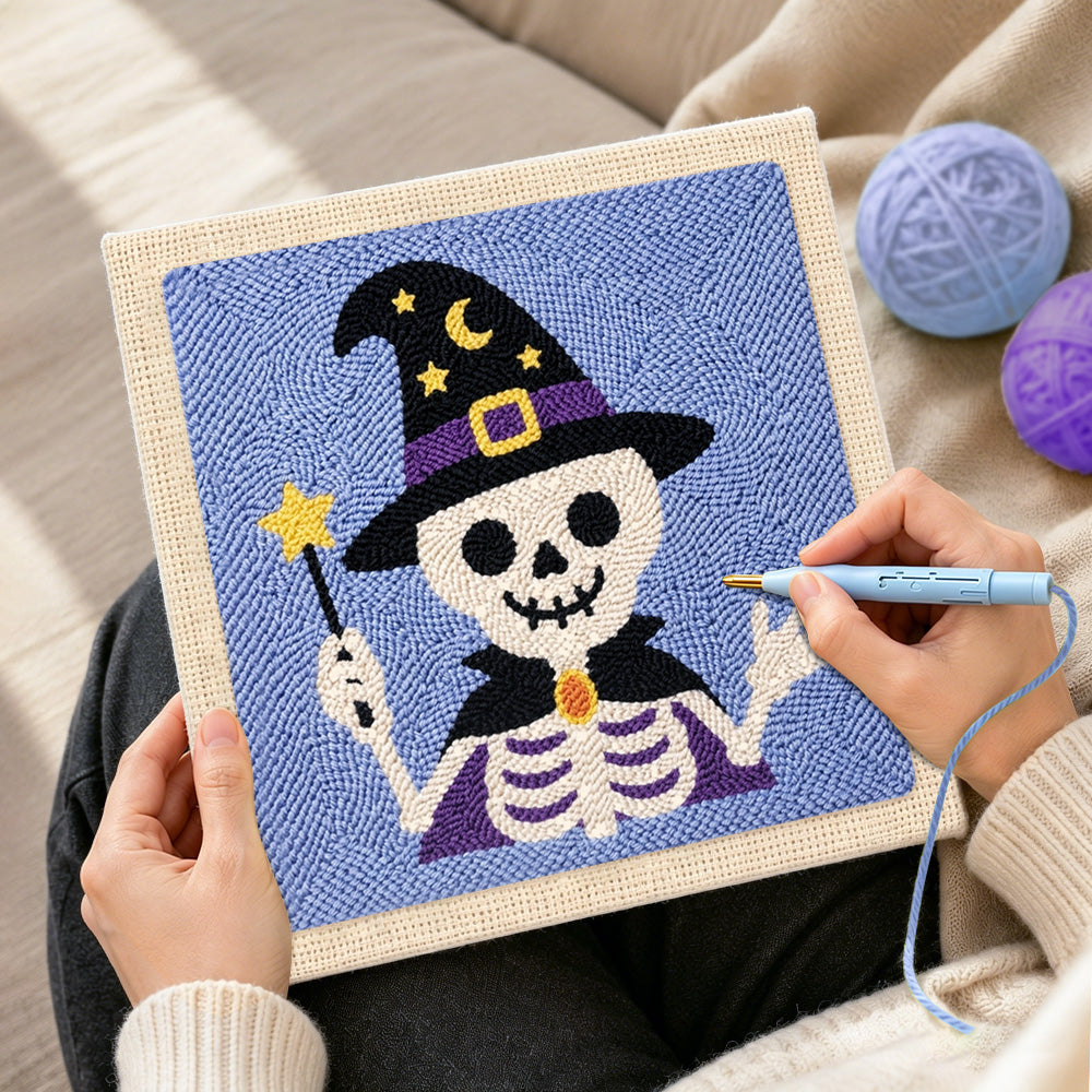 Creating handmade wizard skeleton punch needle artwork
