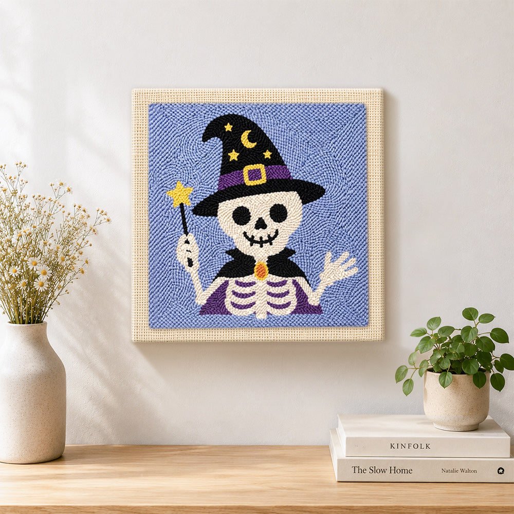 Finished wizard skeleton artwork displayed on a wall