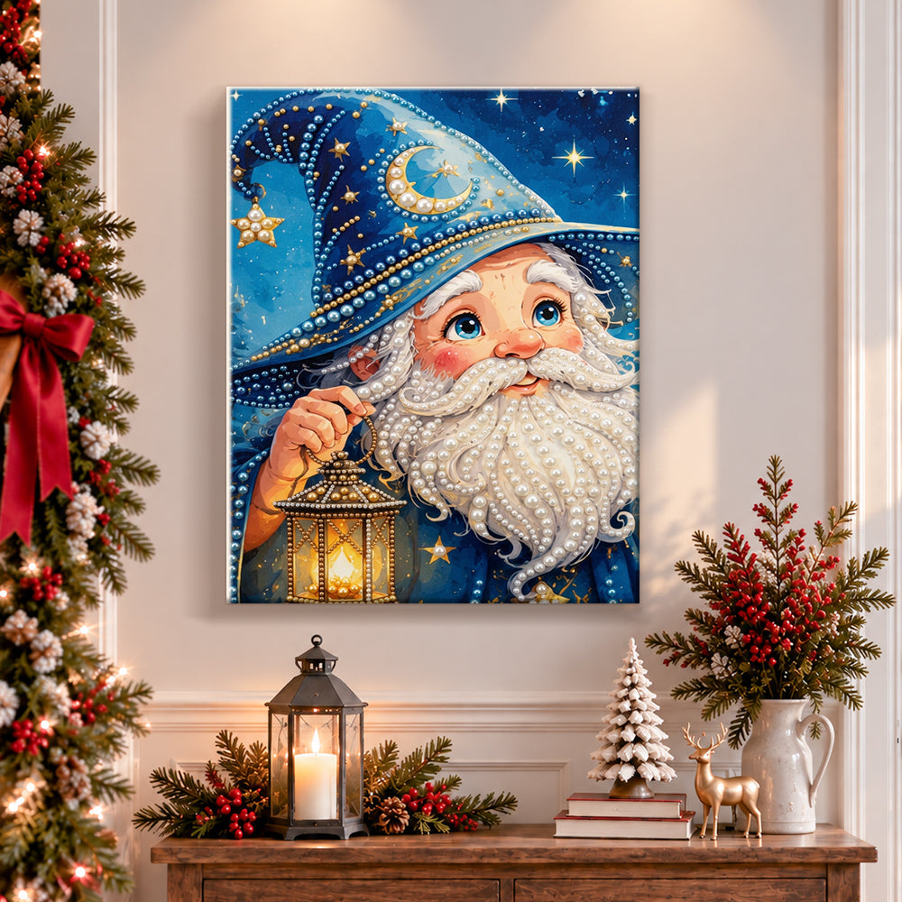 Finished wizard with glowing lantern pearl diamond painting artwork displayed as holiday home decor