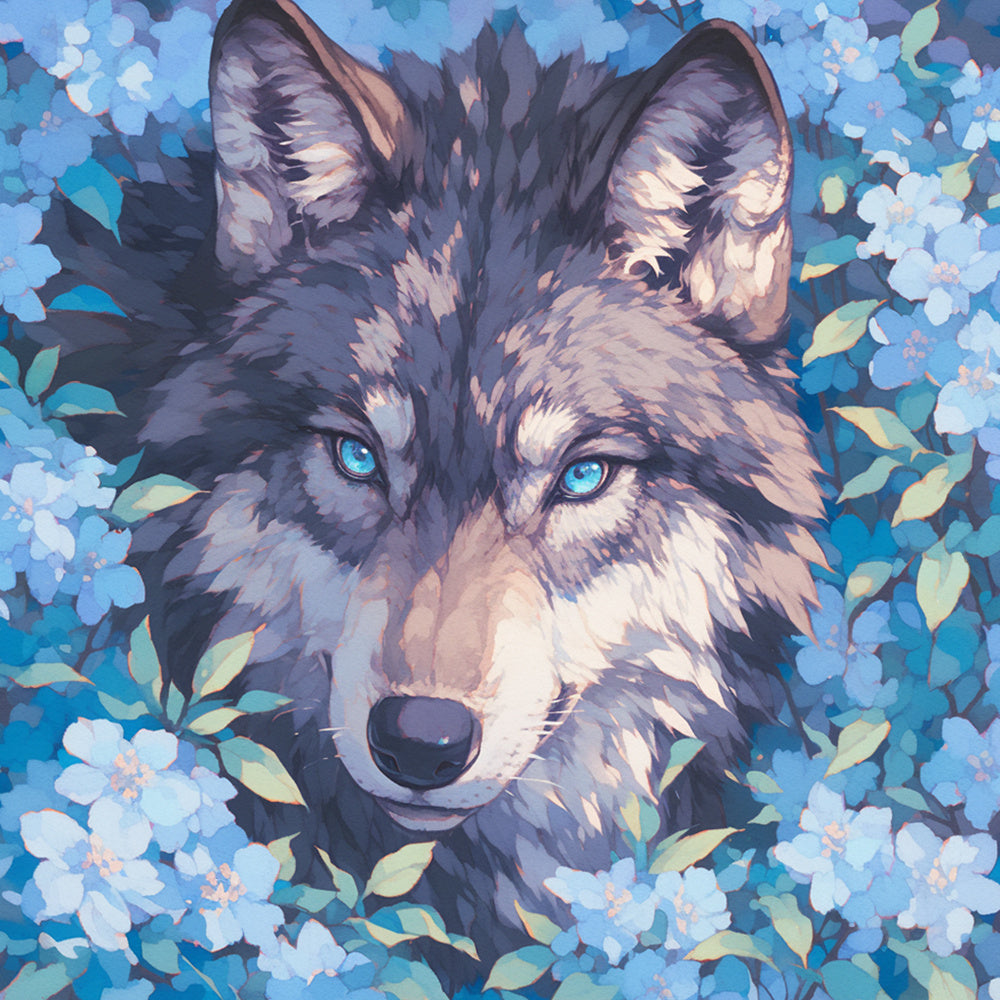 Wolf hidden in blue florals cross stitch kit for beginners