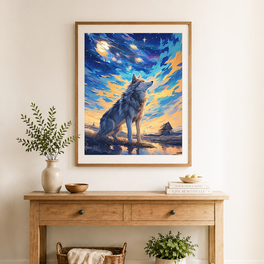 Finished wolf under starry twilight cross stitch artwork displayed as home decor