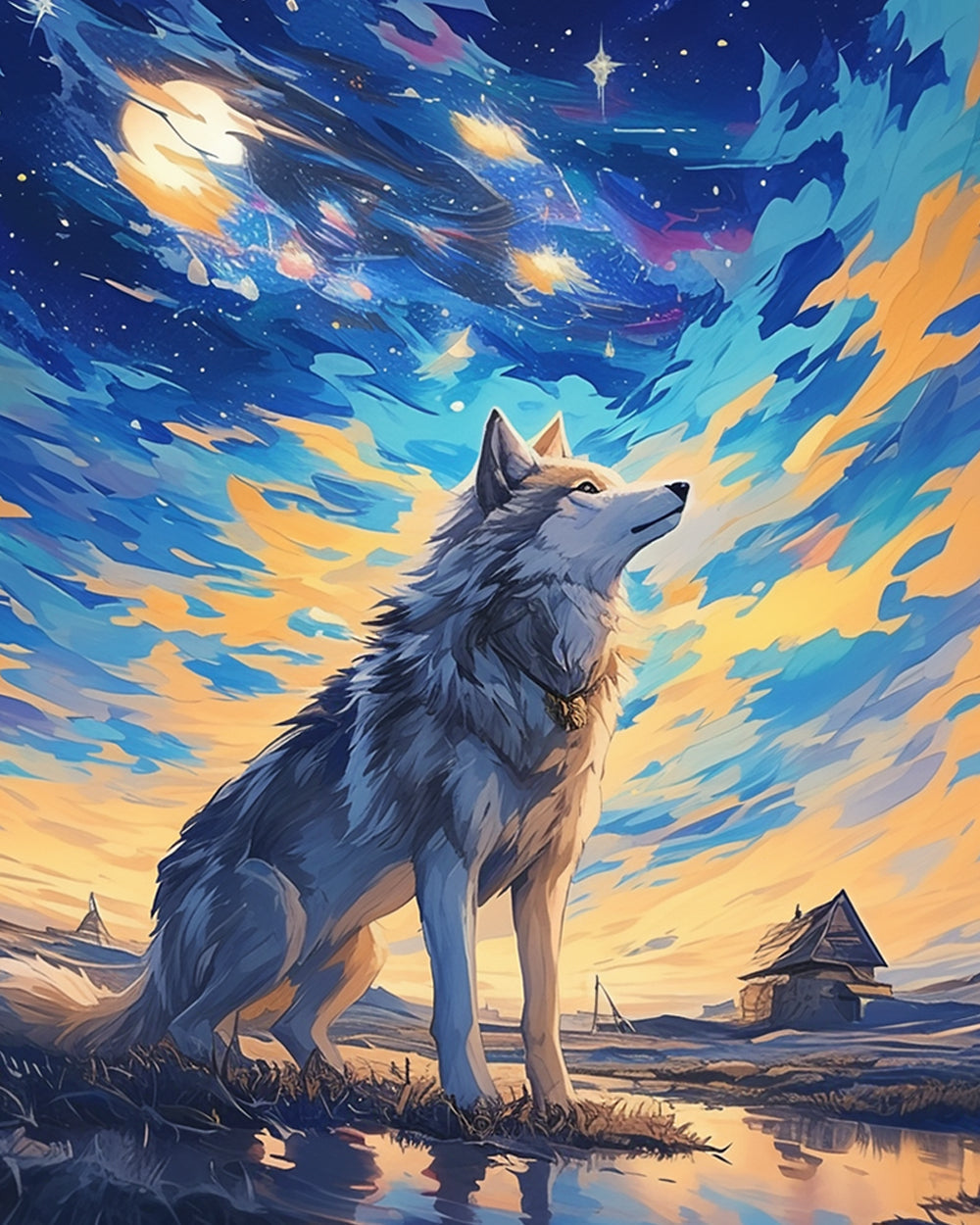 Wolf under starry twilight cross stitch kit for beginners