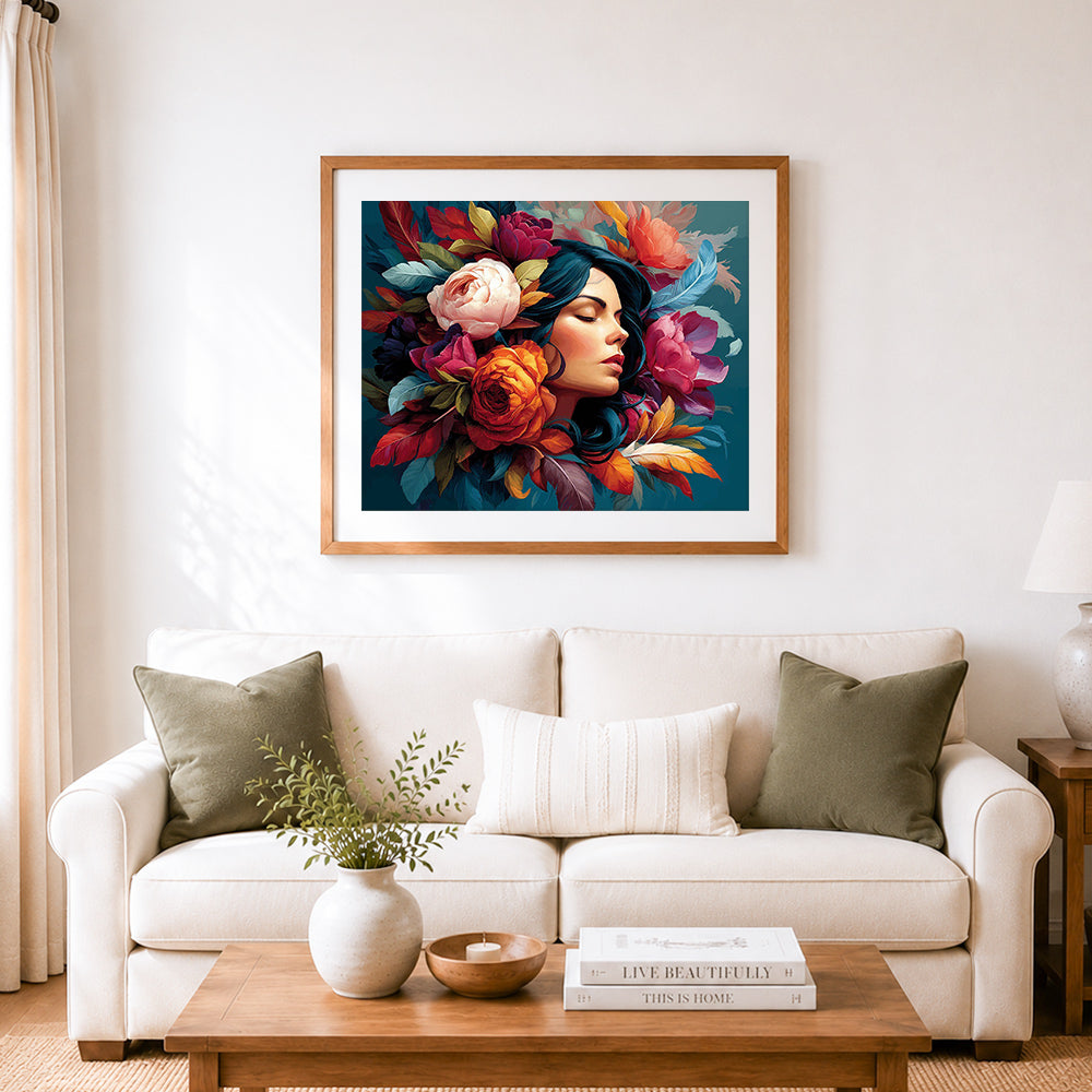 Finished woman adorned with peonies cross stitch artwork displayed as home decor