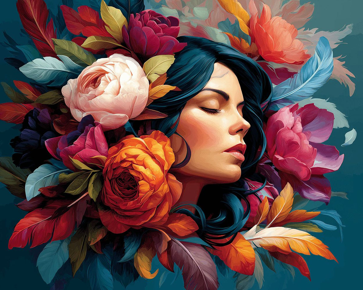 Woman adorned with peonies cross stitch kit for beginners