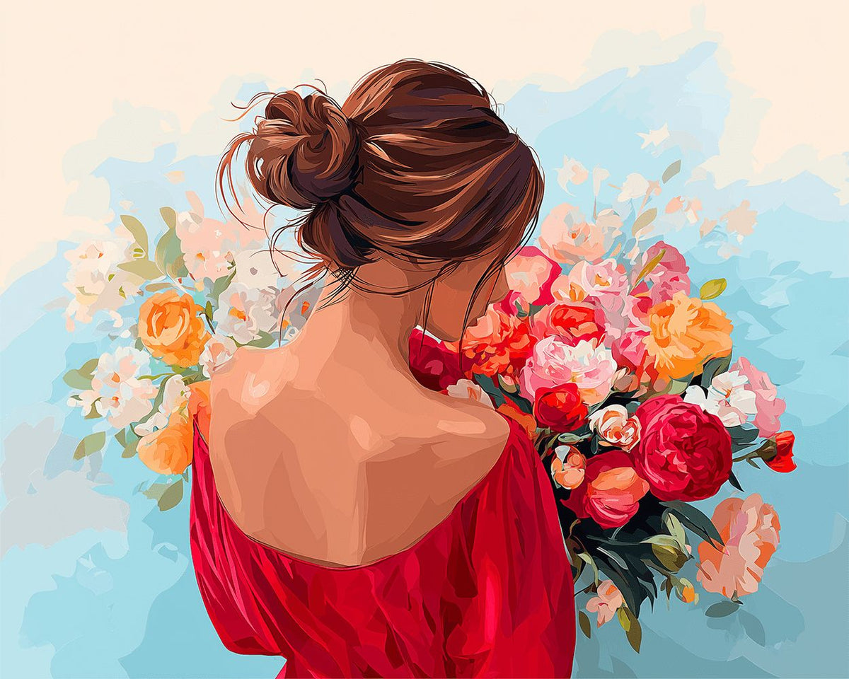 Woman holding fresh bouquet cross stitch kit for beginners