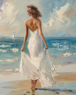 Woman in a white dress by the ocean cross stitch kit for beginners