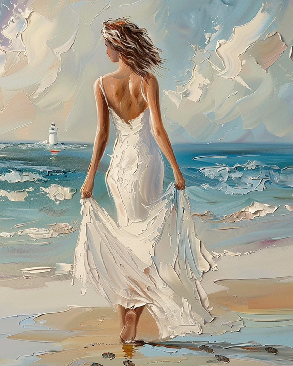 Woman in a white dress by the ocean cross stitch kit for beginners