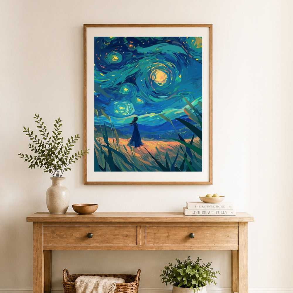 Finished woman in blue dress under starry night cross stitch artwork displayed as home decor