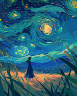 Woman in blue dress under starry night cross stitch kit for beginners