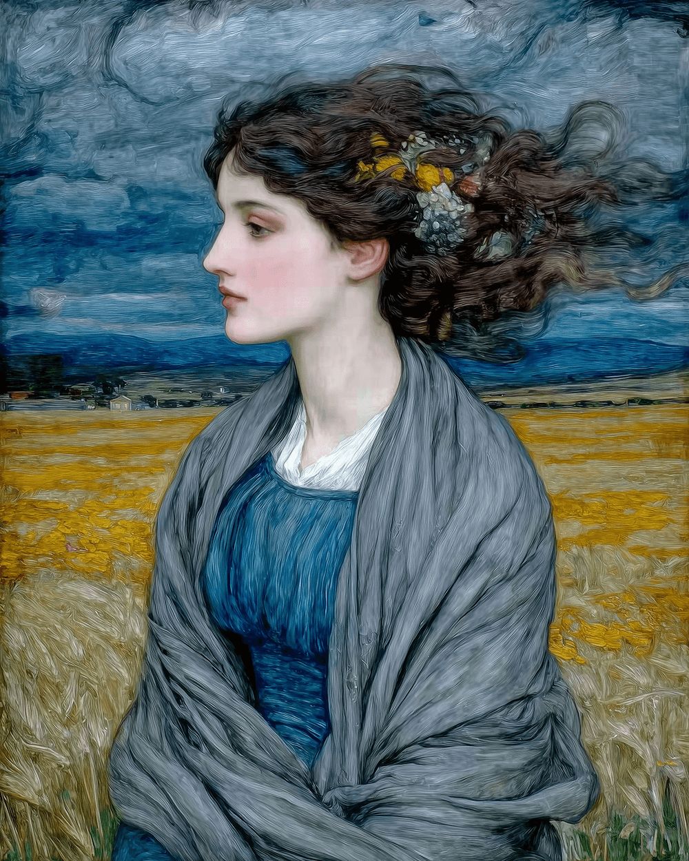 Woman in blue dress with gray shawl in field cross stitch kit for beginners