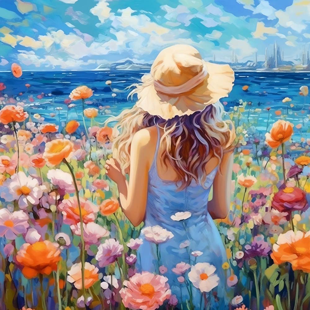 Woman in floral field by the ocean cross stitch kit for beginners