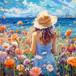 Woman in floral field by the ocean cross stitch kit for beginners