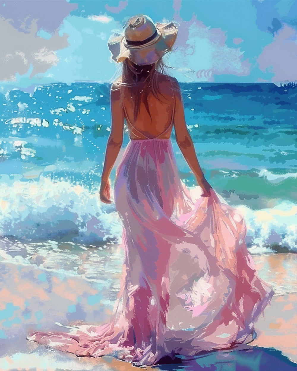 Woman in pink dress on beach cross stitch kit for beginners