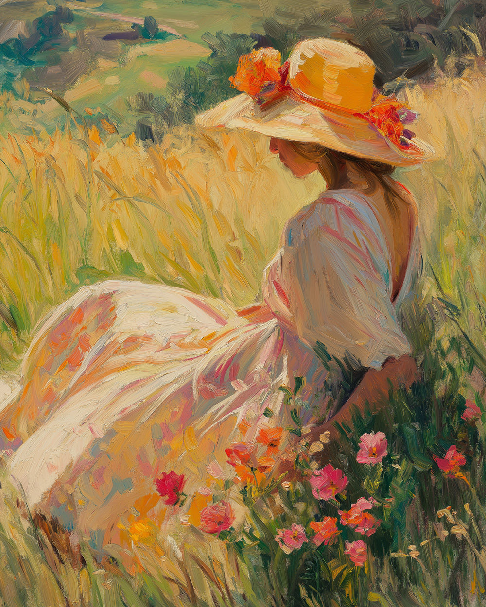 Woman in straw hat sitting in blooming meadow cross stitch kit for beginners