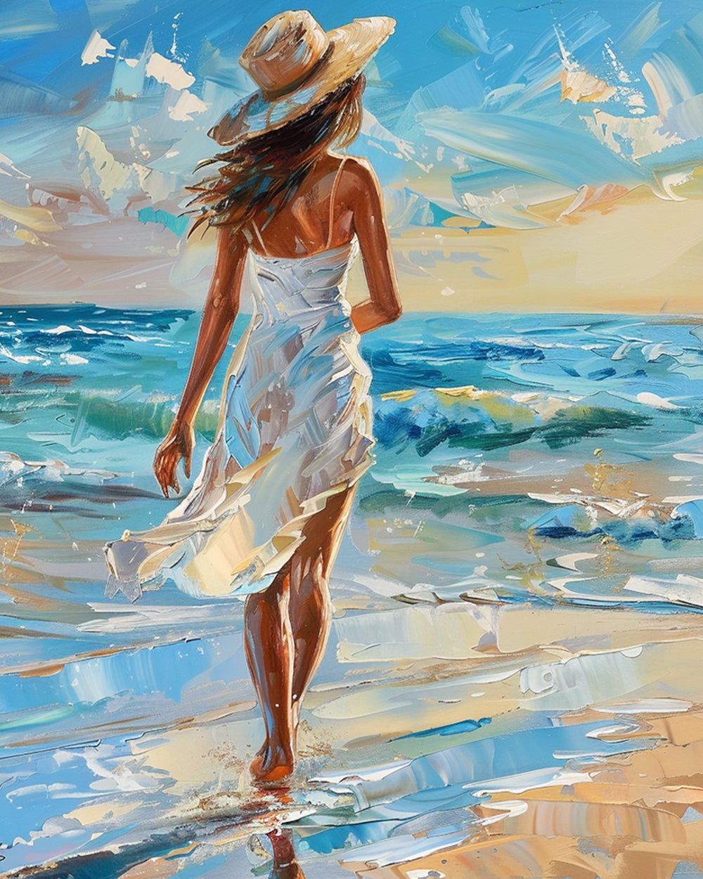 Woman in straw hat walking on beach cross stitch kit for beginners