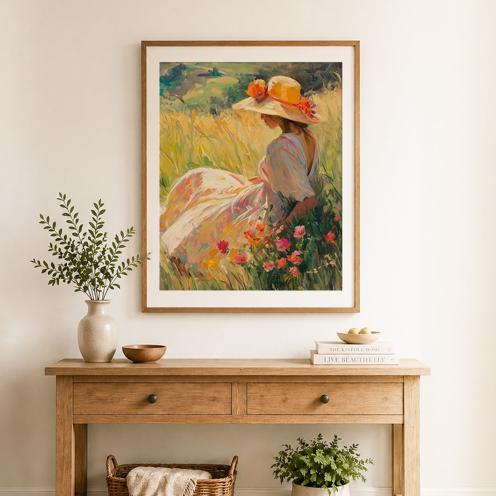 Finished woman in yellow dress under pink blossom tree cross stitch artwork displayed as home decor